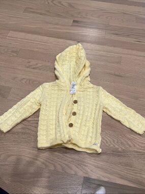 Hooded Yellow Knit Baby Cardigan with Wooden Buttons